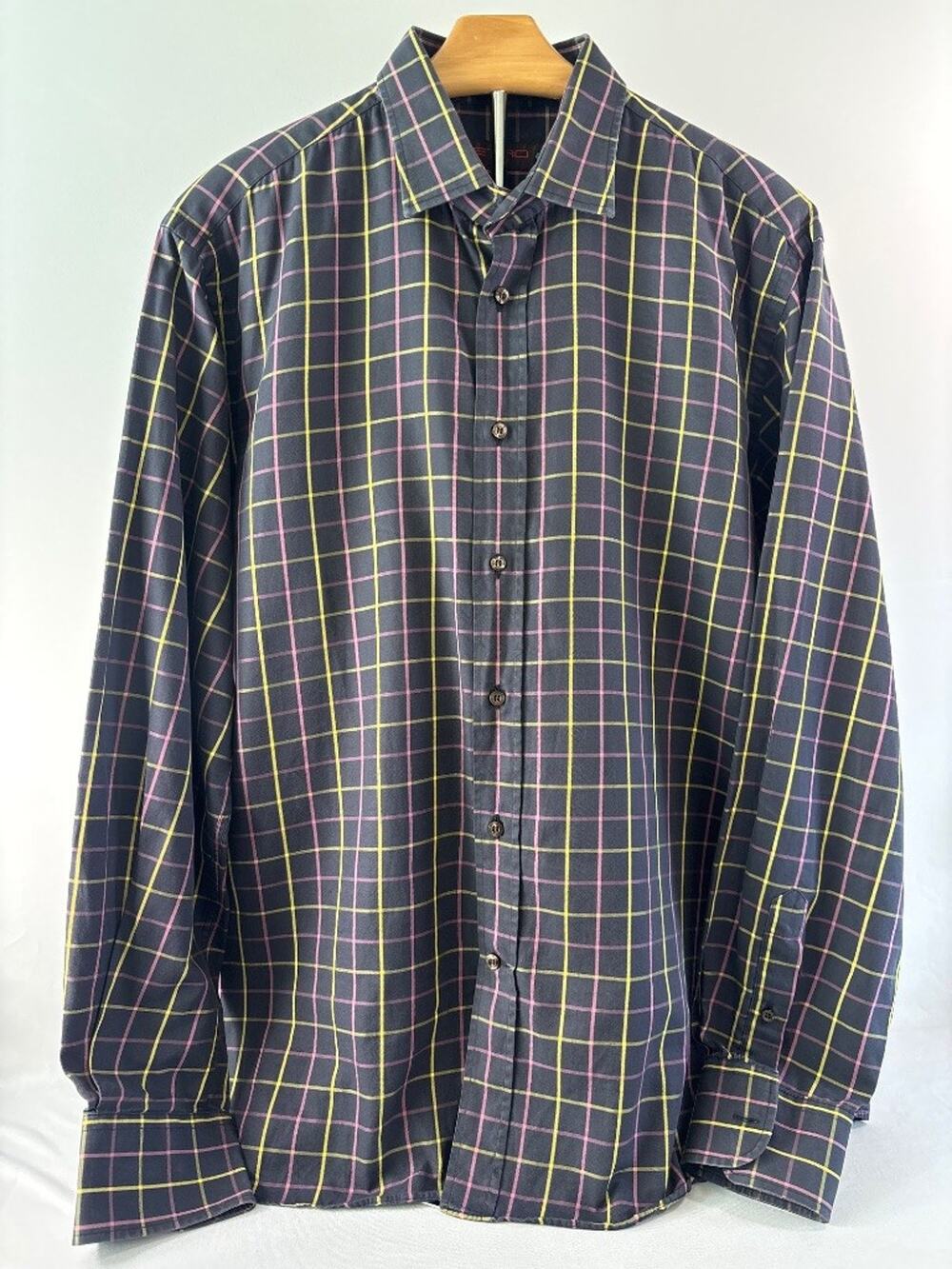 Etro Milano Plaid Check Dark Gray Pink Yellow Cotton Shirt Size 43